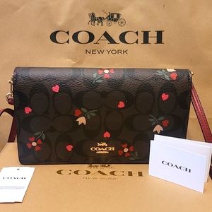 Coach Foldover Clutch Crossbody In Signature Canvas With Heart Petal Print NWT